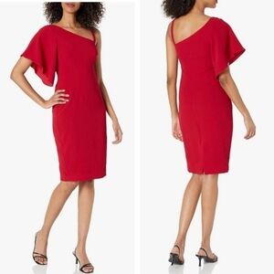 Trina Turk Upbeat One Flounce Shoulder Sheath Dress In Sangria